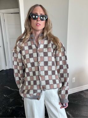 Checkerboard Knit Cardigan Wool Blend Y2K 90s Grandpa Sweater Oversized L